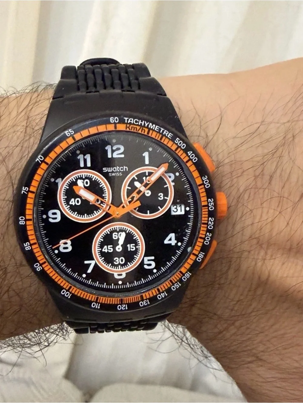 Swatch Nerolino Chronograph Men Watch SUSB408 Black Orange 4 Jewels Swiss Made